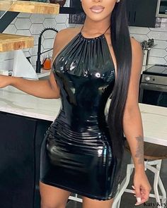 KatyKey - Exquisite Halter Neck Backless Bodycon Dress in Premium PU Leather Halter Backless Dress, Backless Bodycon Dresses, Dress Sleeve Styles, Dress Crafts, Halterneck Dress, Black Bodycon Dress, Style Chic, Dress Materials, Blue Fashion