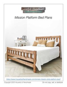 Printable PDF woodworking plans for you to build a simple mission style platform bed with headboard and footboard. Build a beautiful bed for a modern foam or latex mattress. The simple build uses standard dimensional lumber (2x4, 2x3, 2x2, and 1x3) and can be built in a weekend. Premium PDF Plans include: Recommended Tools Materials list Detailed cut list Step-by-step instructions with 3D renderings Helpful resources BONUS: 3D SketchUp file The headboard is 42" tall and the footboard is 22" tall Diy Bed Frames Queen, King Bedframe Ideas Diy, King Bedframe Ideas, Twin Bed Plans, Diy Farmhouse Bed Frame, Bunkhouse Ideas, Queen Bed Frame Diy, Diy Farmhouse Bed, Platform Bed Plans