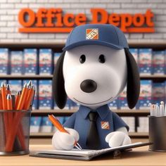 a cartoon dog sitting at a desk with pens and pencils in front of him