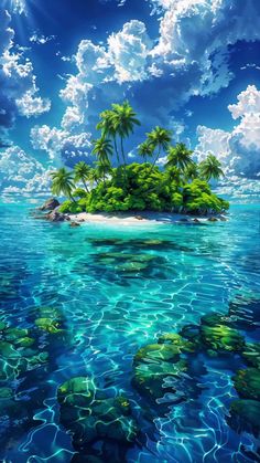 an island in the ocean with palm trees on it and blue sky above, surrounded by water