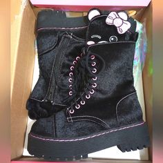 Dolls Kill Sugar Thrillz Best Furrends Kawaii Teddy Bear Combat Boots Faux Calf Hair And Leather Size: 7m Brand New In Box!!! Leather Shoes, Combat Boots, Kawaii, Sugar Thrillz Shoes, Kawaii Teddy Bear, Sugar Thrillz, Calf Hair, Moto Boots, Dolls Kill