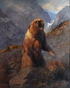 a painting of a brown bear standing on its hind legs with mountains in the background