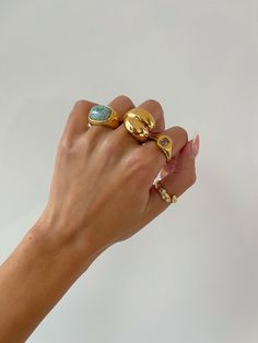 Gold Signet Stone Ring - This delightful signet stone ring is a cute twist on the signet classic! Stunning, colorful, and a perfect stacking ring. Details: - Stainless Steel and 18k gold - non-tarnishing - cz stones - Hypoallergenic - Will not turn skin green! - Style: Minimalist WHY VASI Jewelry? - Ethically sourced gems and stones - Made with recycled gold - Handmade or designed/sourced - Shop local (based in Chicago) - Beats major competitors prices  - Long lasting quality - Modern and trendy Chicago Beats, Chunky Gold Rings, Chunky Gold Jewelry, Gold Dome Ring, Dope Jewelry Accessories, Blue Gemstone Rings, Tarnished Jewelry, Gold Statement Ring, Gold Gemstone Ring