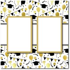 two frames with balloons and confetti are on a white background that has black and gold decorations