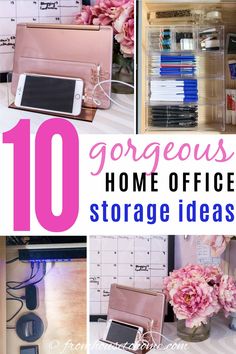 Desk Organization Ideas (For The Most Organized Desk Ever) | Storage Ideas For The Home Indoor Portrait, Sewing Room Storage, Storage Center, Gold Desk