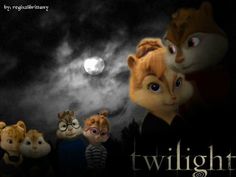 three cartoon characters are standing in front of a full moon with the caption twilight