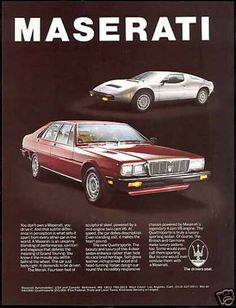 an advertisement for maserati cars from the'80s and'80s, featuring two models