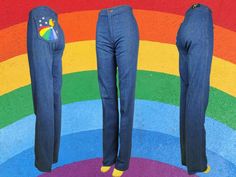 1970s Vintage Rainbow Jeans Embroidered Back Pocket With Sun, Moon, Stars, Rays. by G Guebelli. Petite 24 36.5 XS - Etsy Rainbow Jeans, Jeans Embroidered, Roller Girl, Butterfly Wall Decor, Sun Moon Stars, Vintage Rainbow, Womens Jeans, Moon Stars, San Antonio Tx