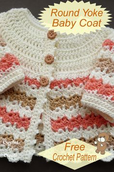 a crocheted baby sweater with buttons on the front and back, is shown