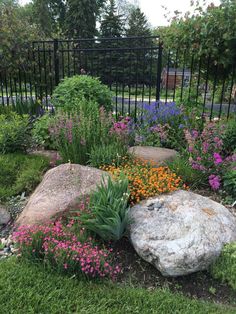 a garden with rocks, flowers and plants in the grass near a black iron fence