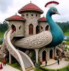 a large peacock statue sitting in front of a building with stairs leading up to it