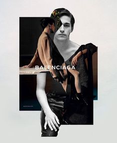 an advertisement for balenciaa featuring a woman with her hand on the back of a man's head