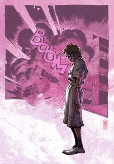 a drawing of a woman standing in front of a pink background with the word boom on it