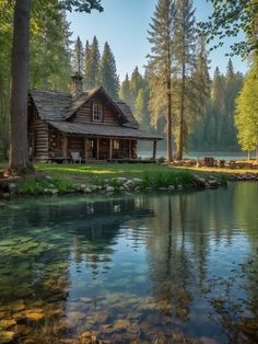 a log cabin sits on the shore of a lake