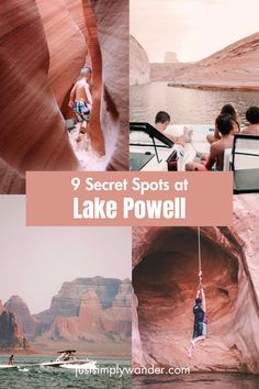 people hanging off the side of a boat in lake powell, utah with text overlay that reads 9 secret spots at lake powell