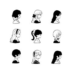 the silhouettes of people with ponytails are shown in black and white on a white background