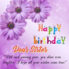 happy birthday card for dear sister with purple daisies and text on pink background,