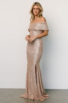 Shine bright at your next formal event with our glamorous sequin gown featuring off-shoulder sleeves. Shop now for a show-stopping dress that combines elegance and sparkle, making you the center of attention. Gold Formal Dress Long, Gold Maid Of Honor Dress, Champagne Gold Bridesmaid Dresses, Sparkle Bridesmaid Dress, Gold Long Dress, Sparkly Bridesmaid Dress, Champagne Maxi Dress, Rose Gold Wedding Dress, Champagne Formal Dresses