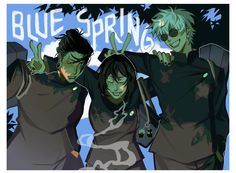 three people with green hair are standing in front of a blue spring sign and holding their hands up