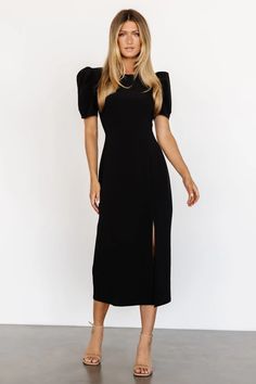 Our adorable puff sleeve dress is here. With a solid black color and a classy look, this dress is a staple piece! Satin Dress With Sleeves, Black Funeral Dress, Fabric Detailing, Black Tie Wedding Guest Dress, Nice Black Dress, Funeral Dress, Funeral Outfit, Puff Sleeve Midi Dress, Baltic Born