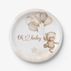 a plate with a teddy bear holding balloons and the words oh baby written on it