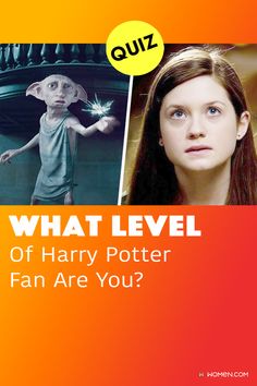 a girl with long hair standing in front of an orange background and the words what level of harry potter fan are you?