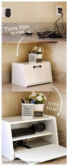 Turn a bread box into a charging station Organization Station, Charging Stations, Bread Box, Creation Deco, Home Office Organization, Kitchen Remodel Idea, Organization Bedroom, Office Organization