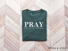 Pray for It on It Over It Through It Christian Comfort Colors Shirt *Product Details - Printed with ink - Unisex T-Shirt - Comfort Colors 1717 - Relaxed fit - 7/8″ double-needle topstitched collar - Double-needle armhole, sleeve, and bottom hems *Sizing and Colors - Please refer to sizing and color charts in the images *Fabrication - 100% ring-spun cotton *Care Instructions - Turn inside out and machine wash cold on delicate cycle - Dry on low heat setting - Do not bleach - Do not dry clean - Do not iron directly on design *Processing and Shipping Times - Please allow 2-10 business days for your order to be processed and made - Standard shipping takes 3-5 days - Please note that these times are estimated by USPS and may take longer - Please make sure your shipping address is correct before Worship Tshirt, Christian Comfort, Pray Shirt, Bible Shirt, Womens Christian Shirts, Women Of The Bible, Bible Shirts, Religious Shirt, Color Charts