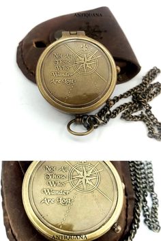 an antique pocket watch is shown in two different images, one with a compass and the other has a chain attached to it