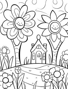 a coloring page with flowers and a house