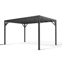 an outdoor gazebo with black metal frame and canopy on the top, against a white background