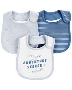 three baby bibs with the words, little adventure seeker and an image of a mountain