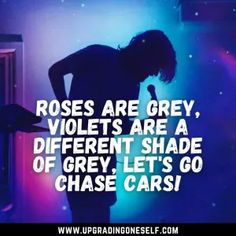 a woman standing in front of a microphone with the caption roses are grey, violets are a different shade of grey let's go chase cars