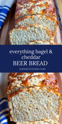 everything bagel and cheddar beer bread on a cutting board with text overlay