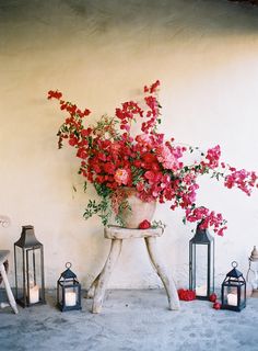 red flowers are in a vase next to two lanterns