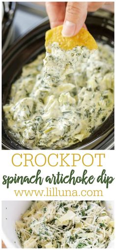 spinach artichoke dip in a crockpot with a tortilla chip