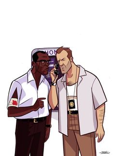 two men standing next to each other talking on cell phones