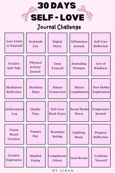 Self Affirmation Activities, 30 Day Affirmations, Journaling Prompts Self Love, 30 Days Of Self Love Challenge, 30 Day Self Esteem Challenge, Self Love Challenge 30 Day Journal, Daily Self Love Tasks, Journaling Challenge 30 Day, Motivational Journal Prompts