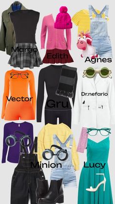 the names of different clothing and shoes are shown in an image with glasses on them