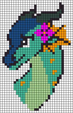 a cross - stitch pattern with an image of a green bird wearing a purple hat