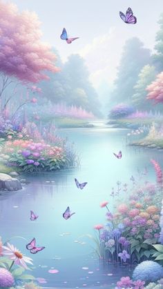 a painting of flowers and butterflies flying over a lake in the middle of a forest