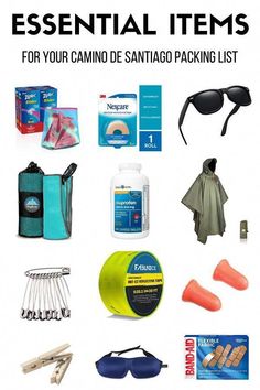 some items that are on top of a white background with the words essential items for your camino de santiago packing list