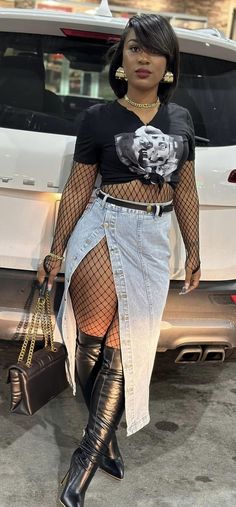 Baddie Outfits For Plus Size, Brown Tan Boots Outfits, Summer Outfits For Plus Size Black Women, Fishnet Casual Outfit, Boosie Concert Outfit, Gold Heel Outfit Ideas, Skirt And T Shirt Outfit Classy, How To Dress For Concert Outfits, Cute All Black Work Outfits