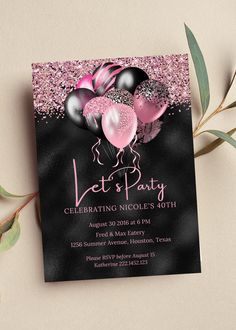 a party card with balloons and confetti in pink, black and silver colors