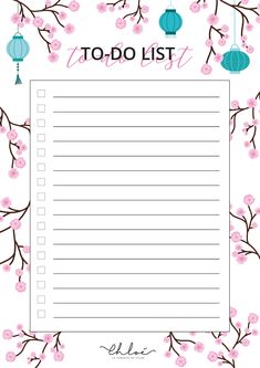 a to - do list with pink flowers and lanterns on the branches in front of it