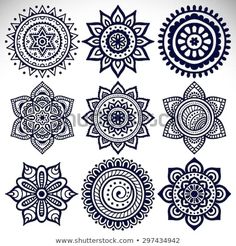 set of blue and white ornamental design elements for tattoo or other designs, such as sunflowers