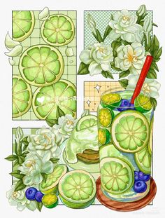 a watercolor painting of lemons, limes and flowers