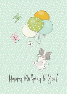 a birthday card with an image of a cat flying in the sky and holding balloons