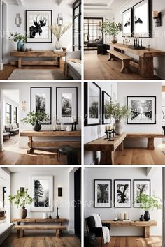 four photographs of a living room with pictures on the wall