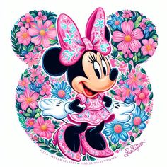 minnie mouse with pink and blue flowers in the background